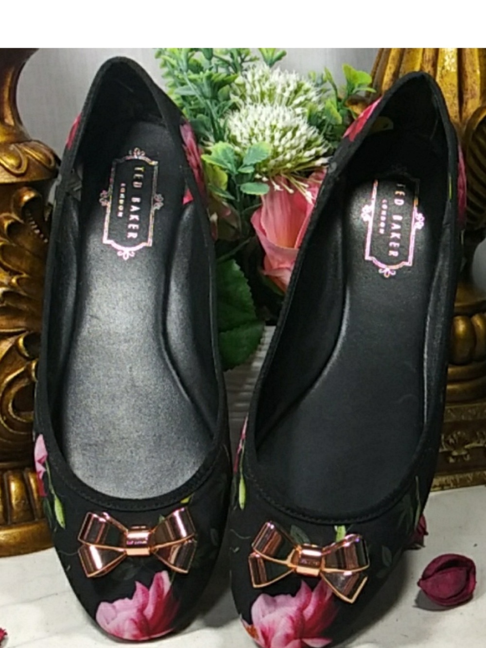 Ted Baker Black Floral Ballet Flats with Pink Bow Detail